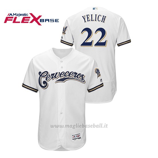 Maglia Baseball Hombre Milwaukee Brewers 22 Christian Yelich Flex Base Majestic Primera Hispanic Heritage Bianco